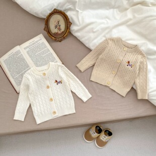 拉果拉26婴儿毛衣女童男童毛衣针织衫宝宝麻花开衫棉纱线小狗外套