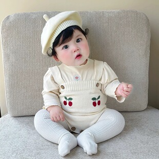 拉果拉贝贝园婴儿秋装女宝宝樱桃刺绣针织背带裤婴幼儿百天周岁服