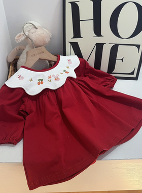 韩版女宝宝2026春秋新款连衣裙红色喜庆公主刺绣裙子女宝宝周岁裙