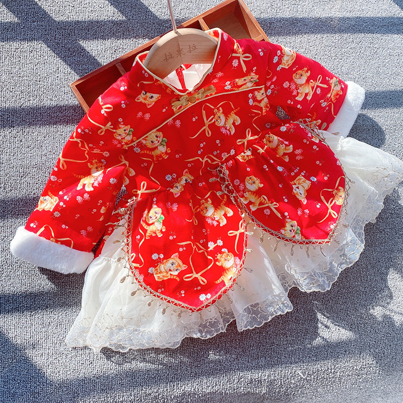 宝宝连衣裙女童公主秋冬金丝绒周岁生日纱裙春秋婴儿抓周礼服裙红