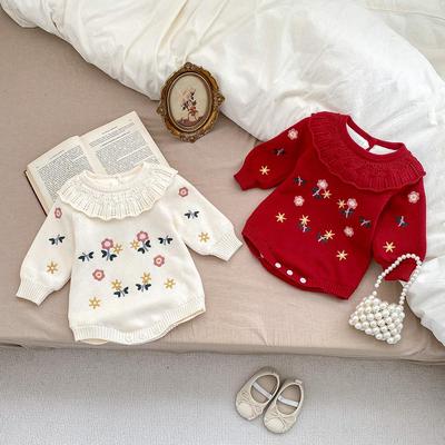 婴儿冬装棉线公主花边领绣花哈衣