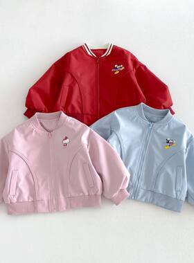 拉果26新款宝宝卡通棒球服马卡龙色顺滑面料拉链外出短款外套