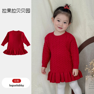 毛衣裙秋冬女童加厚针织连衣裙新款女宝宝洋气纯色中长款韩版童装