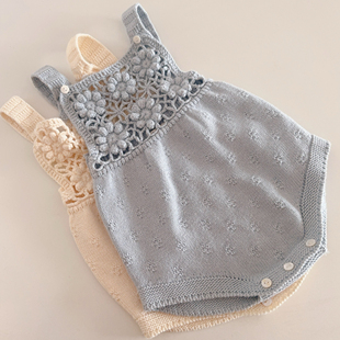 拉果拉贝贝园秋季 哈衣 宝宝蓝色针织毛衣手钩包屁衣婴儿棉纱背带裤