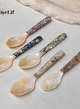 O.RoseLif 天然贝壳勺碎花勺柄珍珠贝母月光螺家用西餐勺调羹精美