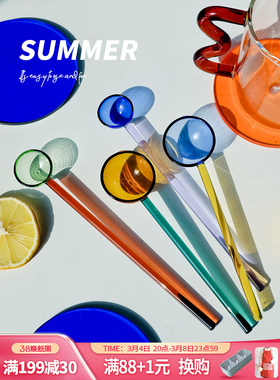 O.RoseLif ins风糖果彩色玻璃勺长柄搅拌勺咖啡勺耐高温甜品玻璃