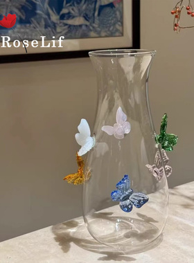 O.RoseLif 3D立体浮雕蝴蝶凉水壶玻璃醒酒器花瓶高档酒店多用途