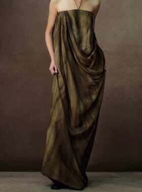 UNCHATGRIS 24AW 不规则捏褶立裁植物染抹胸吊带连衣裙