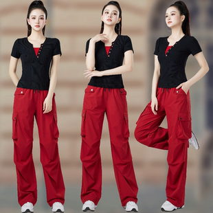 时尚 假两件跳舞衣运动服套装 短袖 新款 棉 杨丽萍广场舞服装 2025夏季