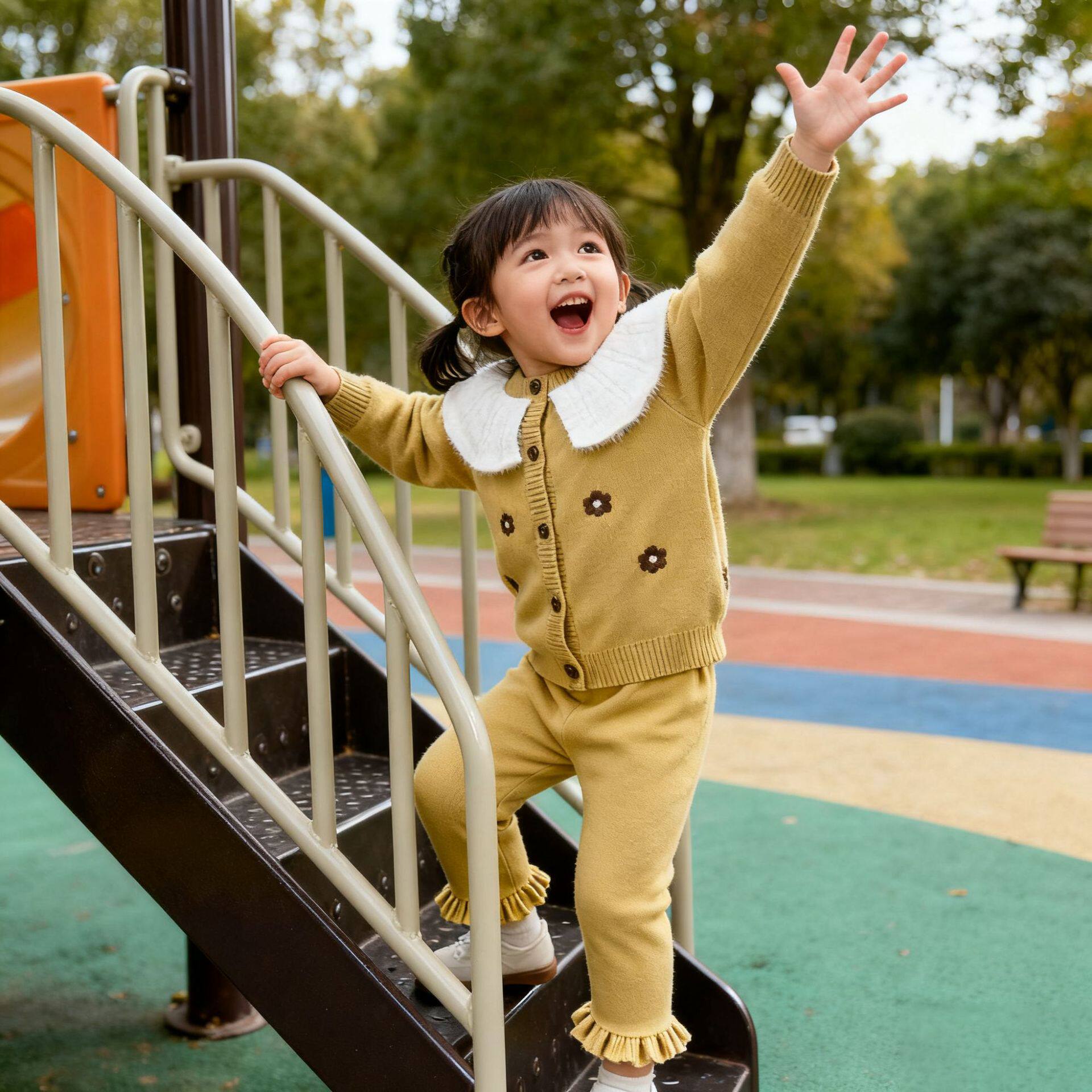 秋冬加绒新款儿童毛衣套裤精致刺绣针织套裤女宝宝长袖洋气两件套