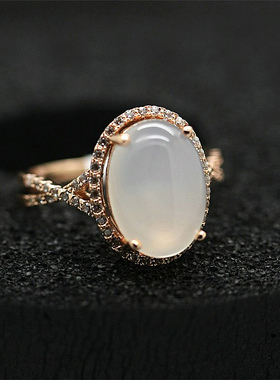 白玉髓粉晶半宝石装饰复古风戒指