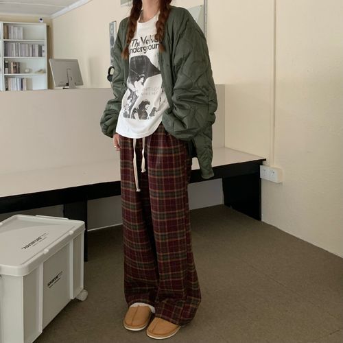 New real shooting real price retro thickened Wool Plaid wide leg pants loose casual pants