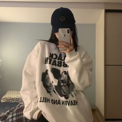 Real price oz cool black printed loose Crew Neck Long Sleeve Plush thickened sweater