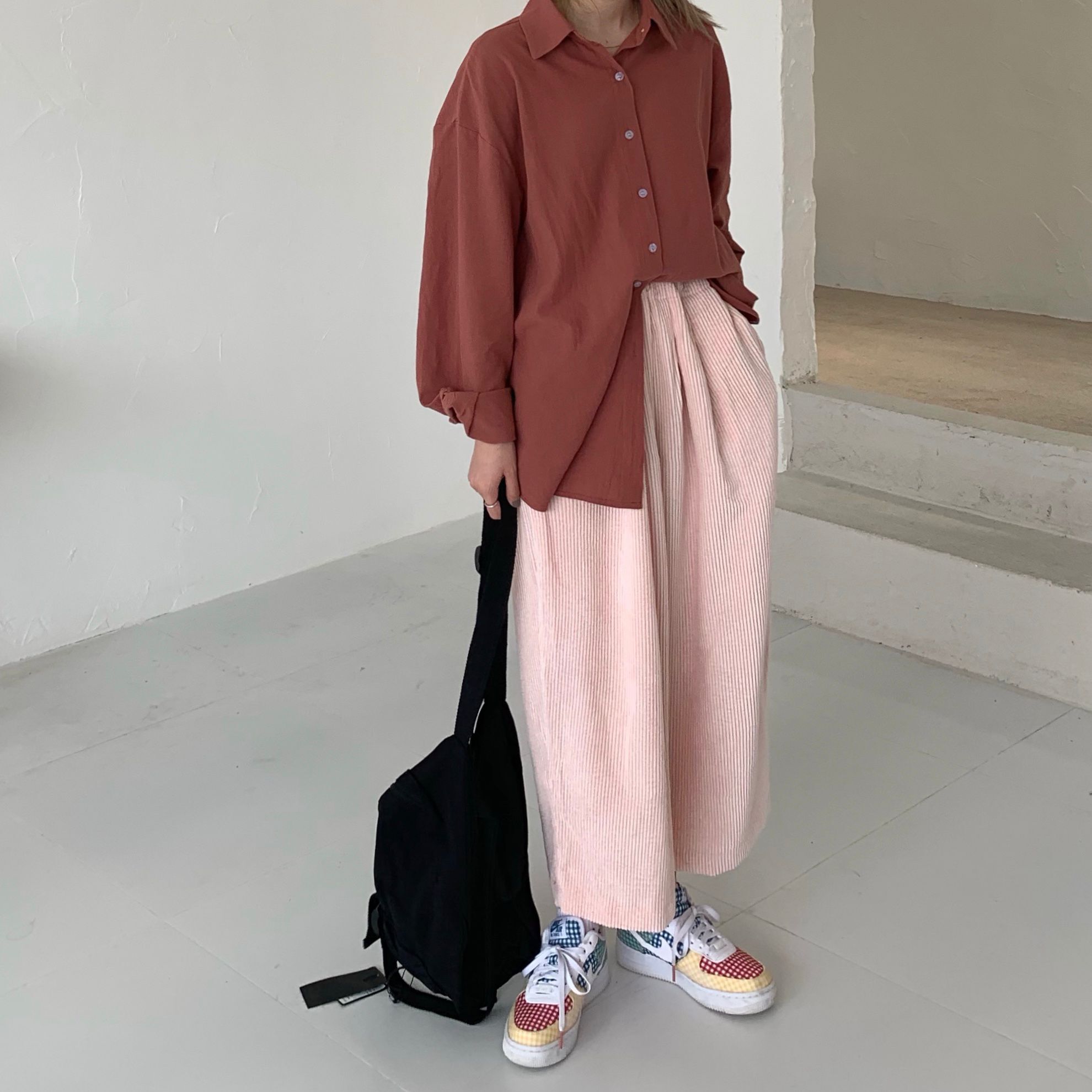 Real price retro cotton linen dirty orange solid color long sleeve shirt + ruffian pants loose corduroy wide leg pants