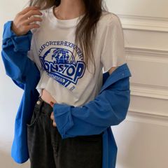 New real beat real price letter print drop shoulder curl short tee slim loose crew neck short sleeve