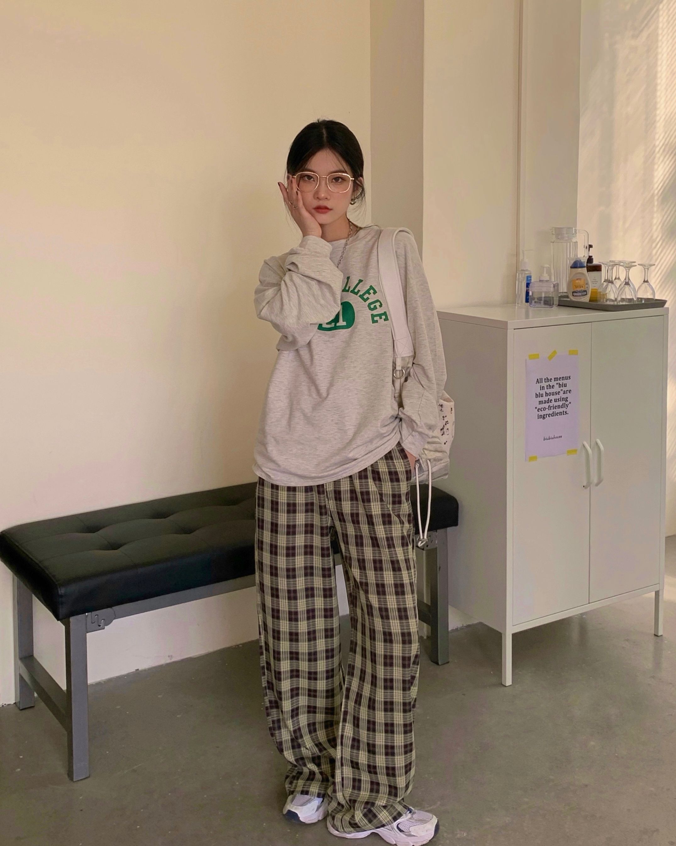 Real price letter long sleeve sweater + Plaid casual pants