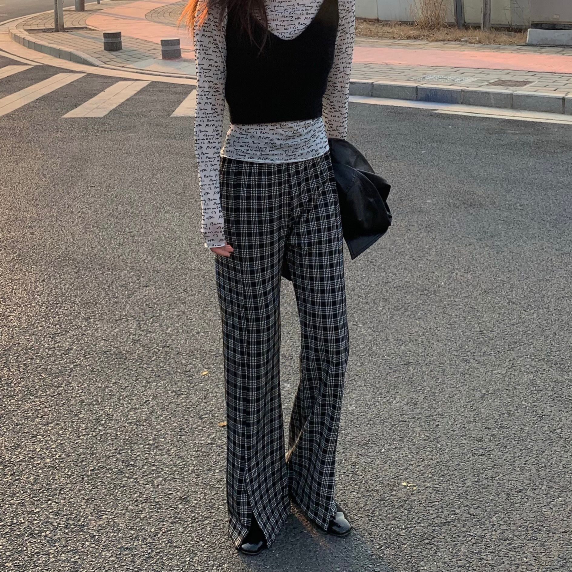 New style real price pattern micro split women's high waist show thin leisure show high wide leg pants