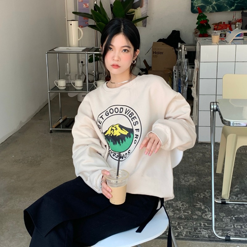 Real price letter mountain print Plush thickened oz loose base sweater