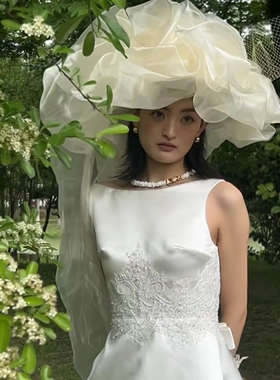 香槟色欧根纱云朵抓纱帽纱新娘礼帽子小众造型影楼样片拍摄旅拍