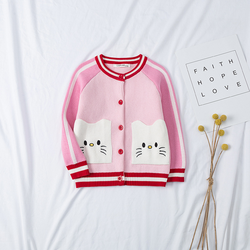 秋冬纯棉hello猫kitty刺绣针织粉色插肩姐妹毛开衫女童装毛衣外套