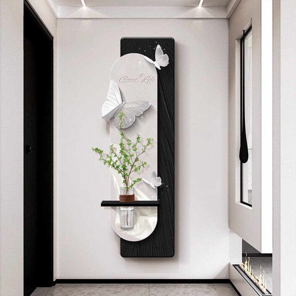 蝴蝶玄关装饰画花瓶绿植高级感客厅走廊过道壁画中古风水培挂画