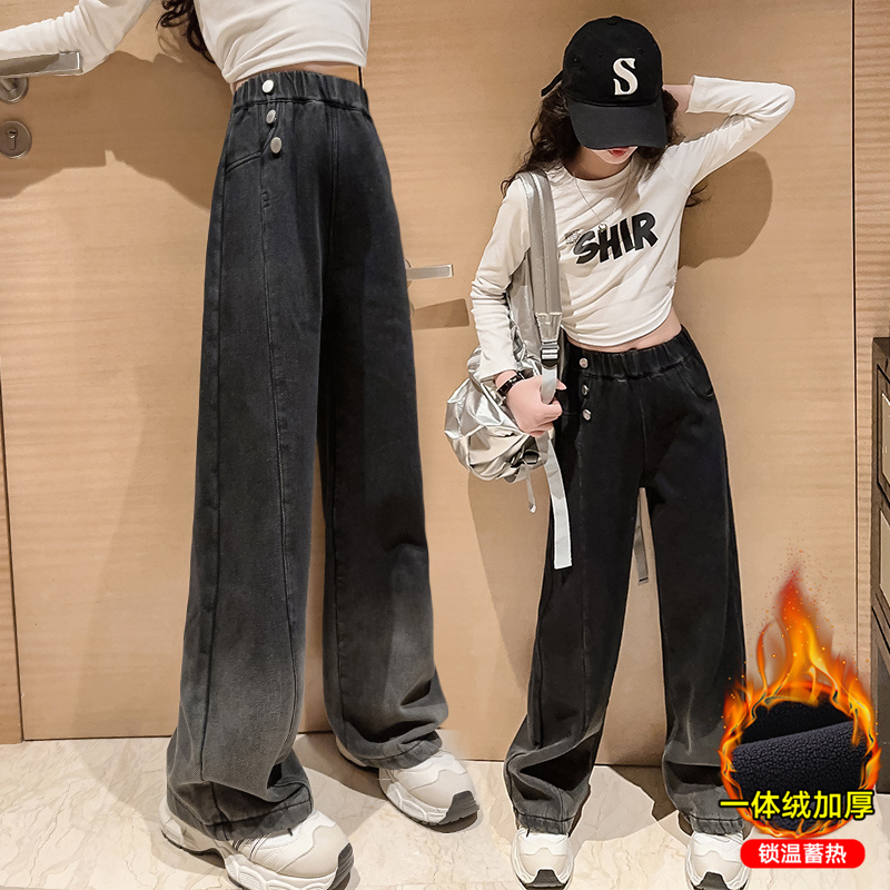 女童秋装牛仔裤宽松阔腿裤2025春秋新款中大儿童冬季加绒直筒裤子