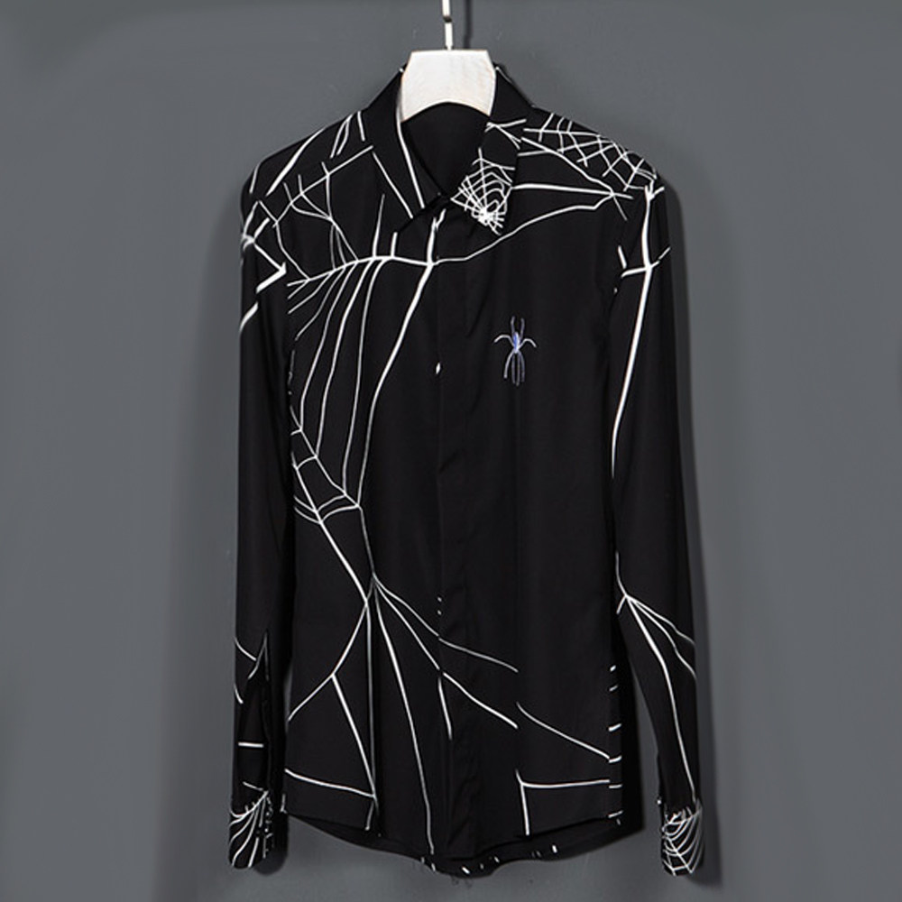 新品非主流个性哥特风蜘蛛网刺绣男衬衫青年修身免烫时尚长袖霸气