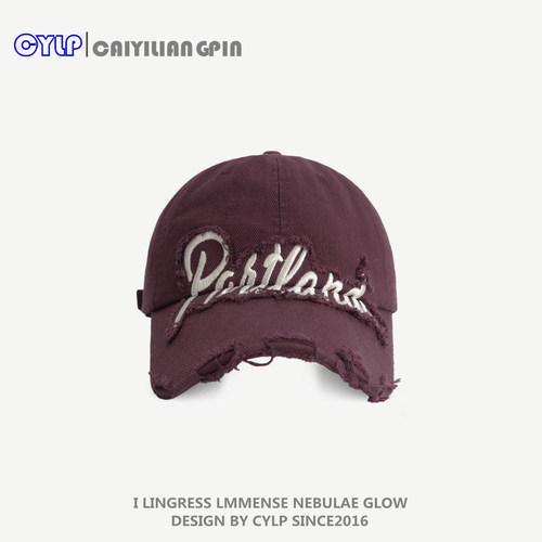 韩版水洗磨毛破洞帽檐刺绣棒球帽