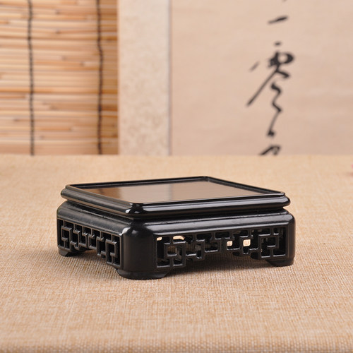 方形玉石印章盆栽茶壶黑檀木雕