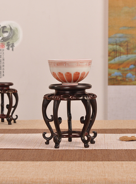 红木红酸枝微型瓜棱简约花几实木圆形高脚花瓶小盆景摆件古玩底座