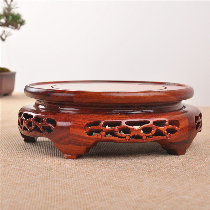 红木红檀木花盆花瓶底座奇石底座圆形木雕木托紫砂壶茶壶盆景底座