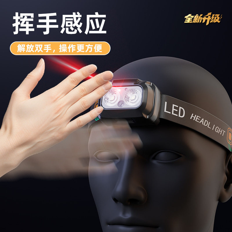 新款户外夜钓感应头灯超强光大容量充电超亮头戴式夜钓灯钓鱼