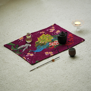 钟声刺绣 手工密密缝松鹤牡丹鸣凤图茶席置物垫隔热垫 茶道零配