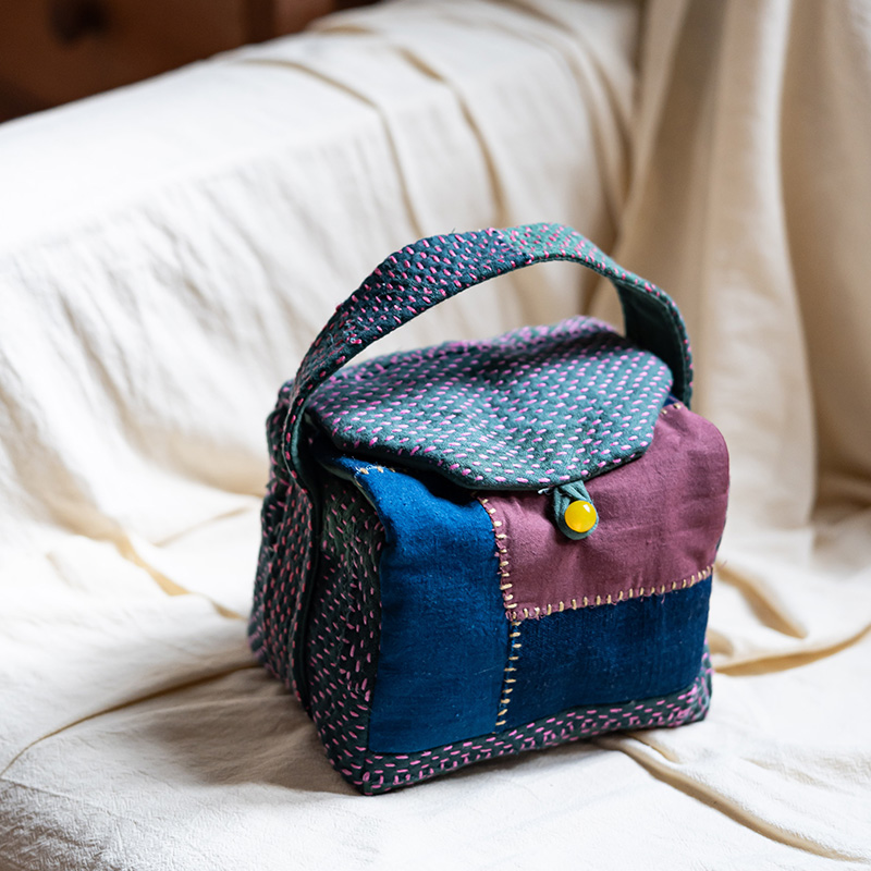 钟声刺绣 密密缝拼接植物染一壶两杯茶事包 茶具杯袋便携出行包