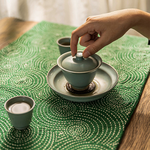 国潮 钟声刺子绣原创手工茶席茶巾 加长水波涟漪茶垫文艺餐垫桌垫