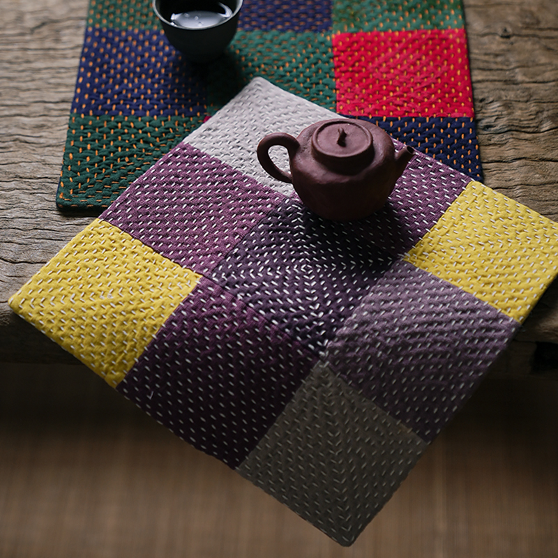 国潮钟声刺子绣 原创新款 植物染 九宫格彩拼布茶席 文艺复古茶垫