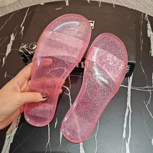 新款 游泳馆专用拖鞋 防滑透明夏季 果冻水晶拖鞋 平底防臭软底浴 时尚