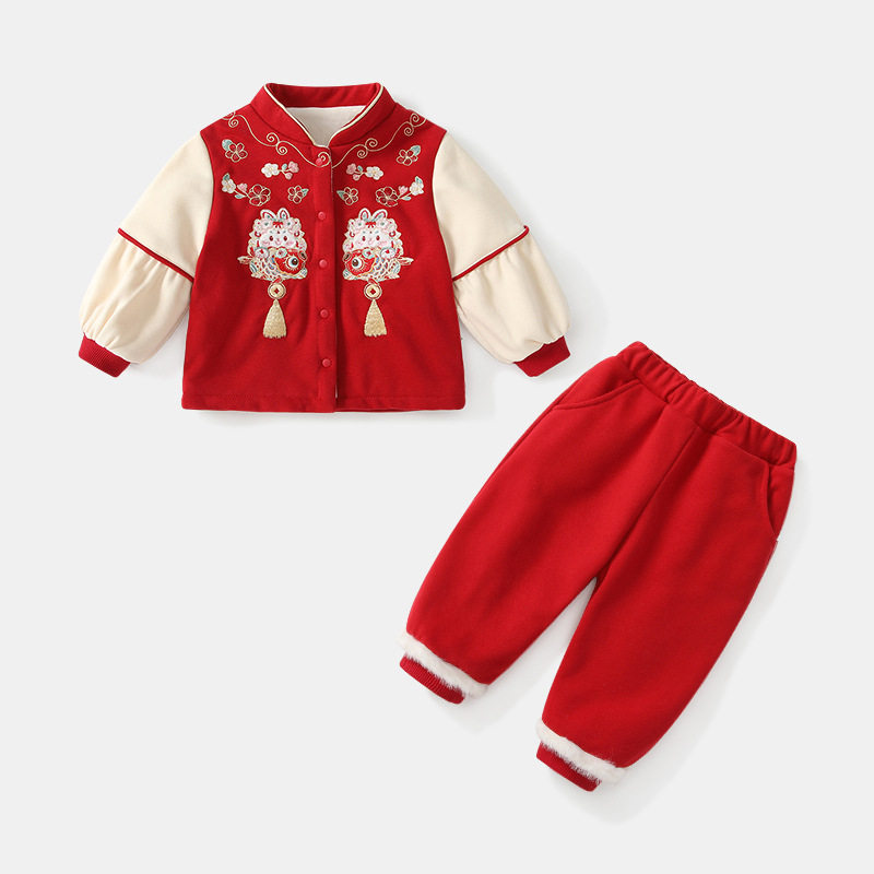 女童马年过年衣服加绒套装新中式婴儿生日服宝宝周岁宴拜年服秋冬