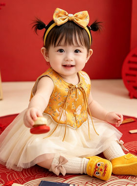 夏季女童新中式无袖唐装周岁礼服
