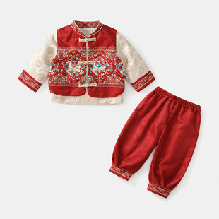 男宝周岁礼服中国风春秋套装儿童冠衣生日宴男童过年马甲唐装薄款