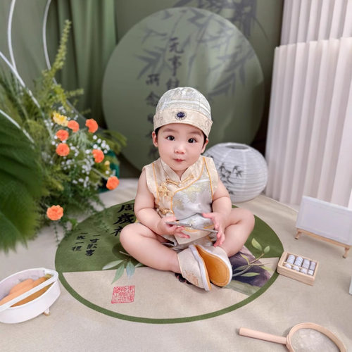 夏季男宝周岁生日礼服唐装套装