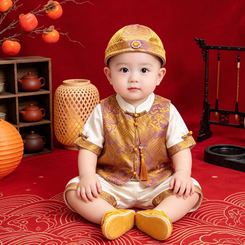 短袖周岁礼服夏男宝抓周唐装婴儿生日宴冠衣男童中式马甲汉服套装