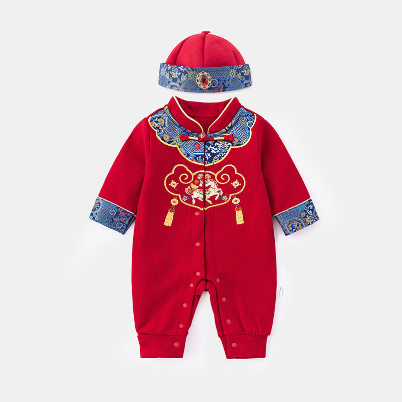 婴儿百日宴衣服新生儿马年连体衣春季满月服男宝宝周岁礼服新中式