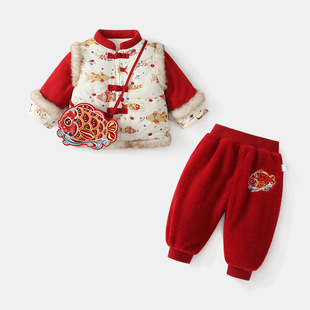 女童过年衣服国风棉服套装新中式儿童拜年服周岁宝宝新年冬装加厚