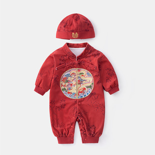 百天婴儿服新中式连体衣春秋款新生儿唐装满月服蛇年男宝周岁爬服