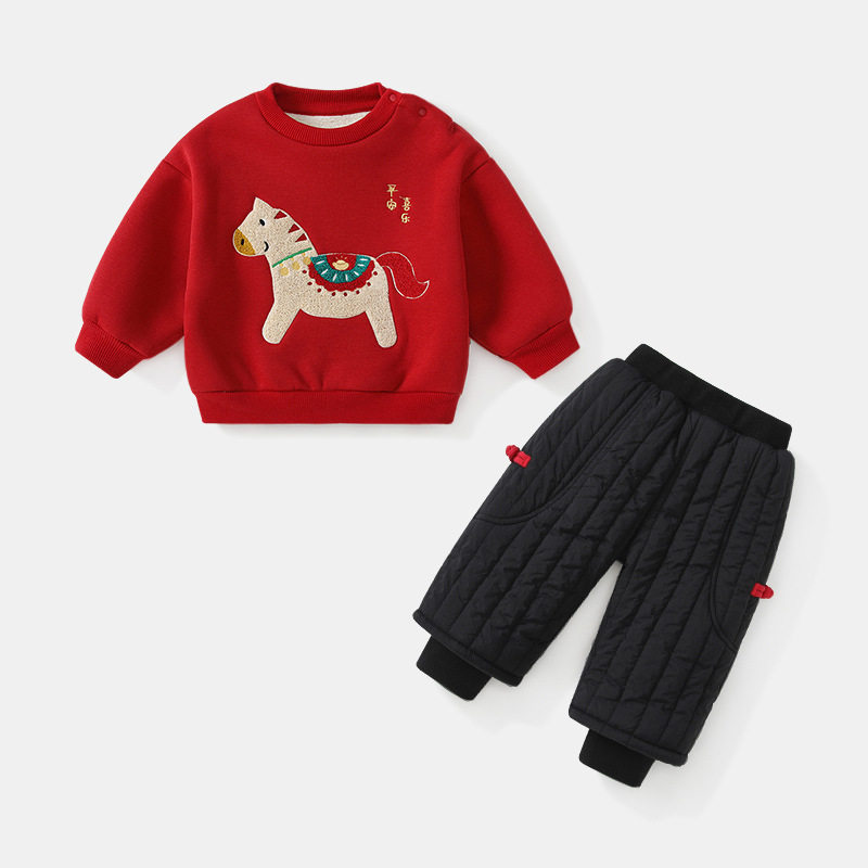 儿童新年卫衣卫裤套装宝宝中国风运动服男童马年过年衣服加绒加厚