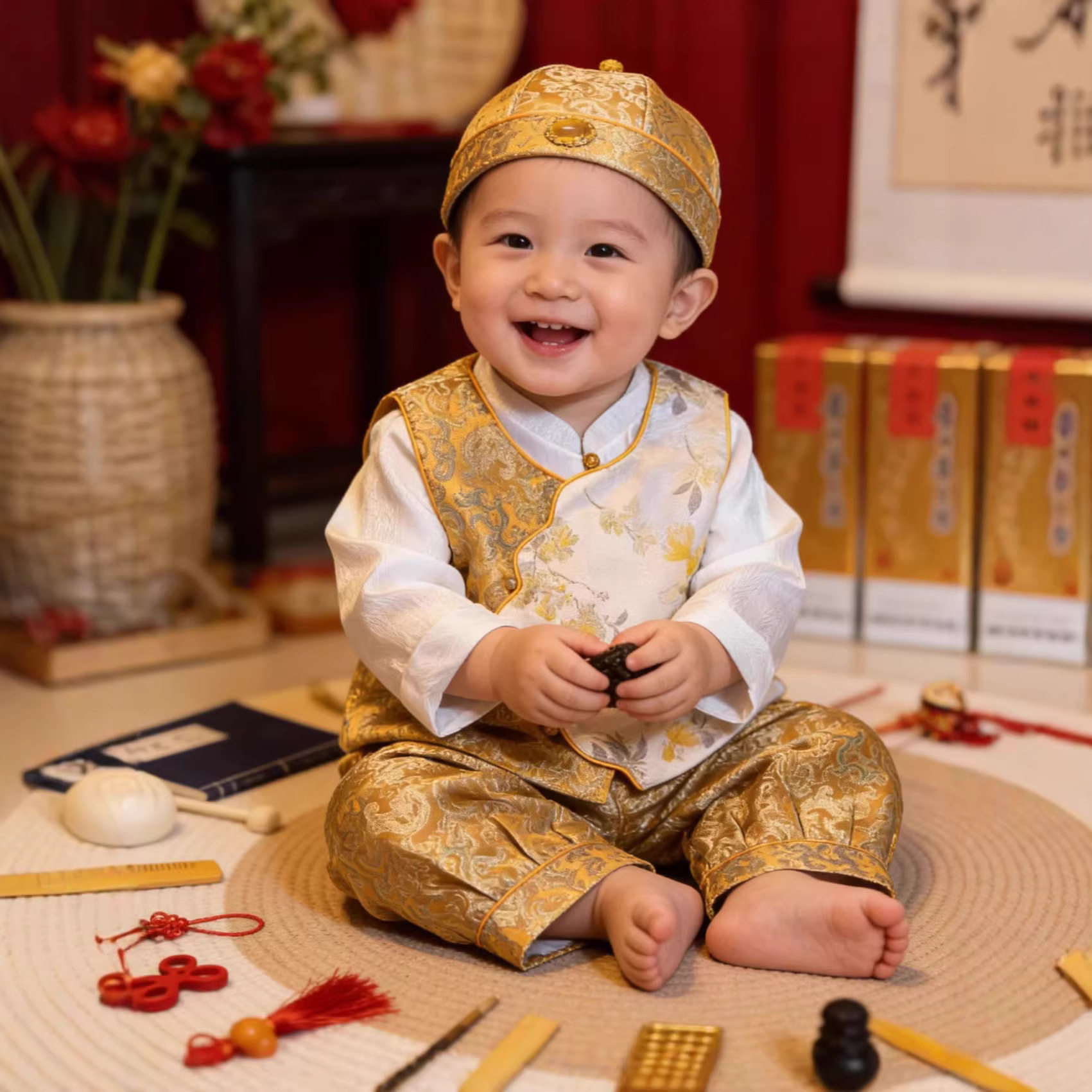 抓周男童唐装金色礼服套装春秋婴儿汉服马甲宝宝生日宴冠衣新中式