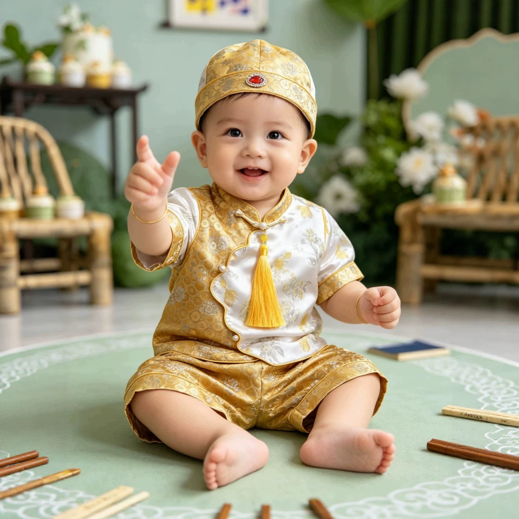夏季金色缎面宝宝唐装礼服套装