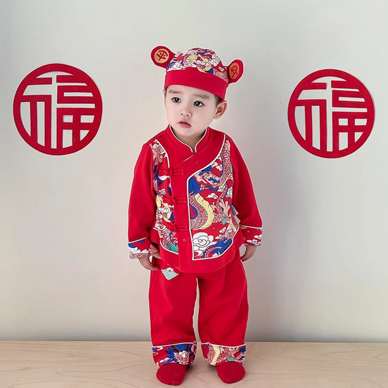 蛇年男童周岁礼服红色分体春秋装抓周宝宝生日服纯棉婴儿套装中式