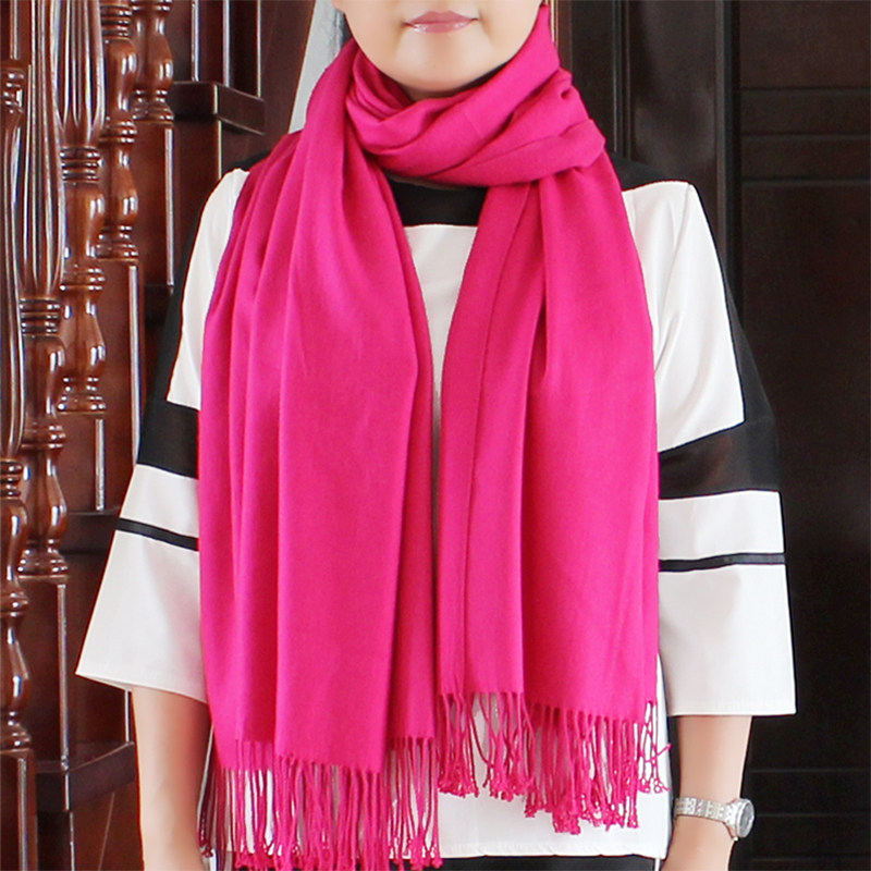 百搭纯色羊毛围巾妈妈保暖厚款超大羊绒披肩两用秋冬季韩版玫红色